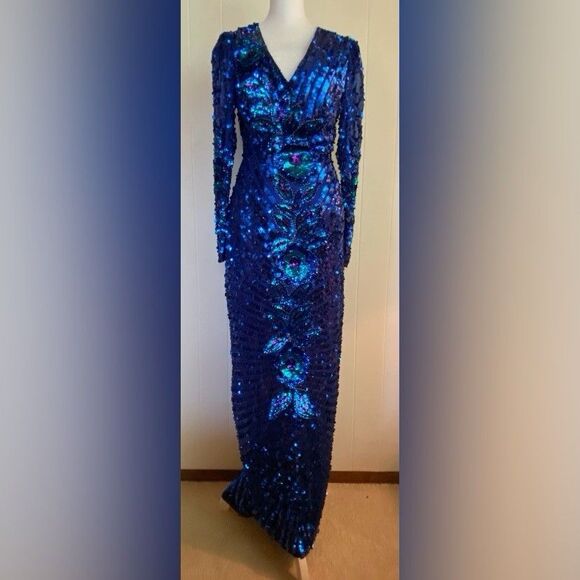 Alyce Designs Dress 10 Blue Silk Sequins Silk Maxi Peacock Formal Party Vintage